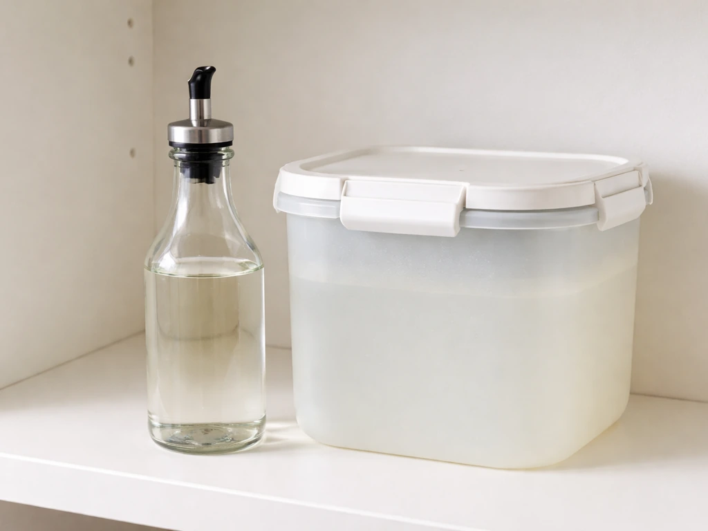 Sealed vinegar bottle and covered container on a clean shelf, showing hygienic storage.