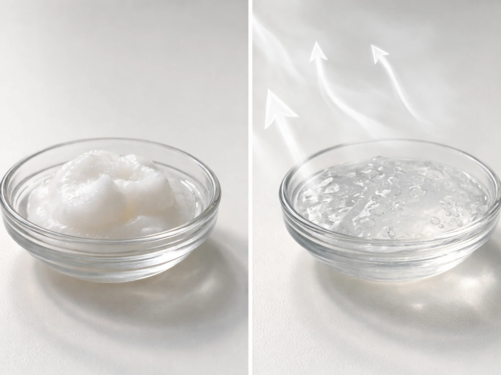 Split image of dry coconut oil vs water-rich gel, with subtle water-activity arrows and no text.