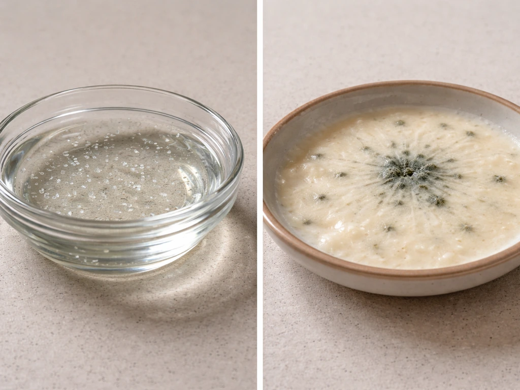Split image showing bacteria-like particles trapped in oil vs colonies spreading on moist food.