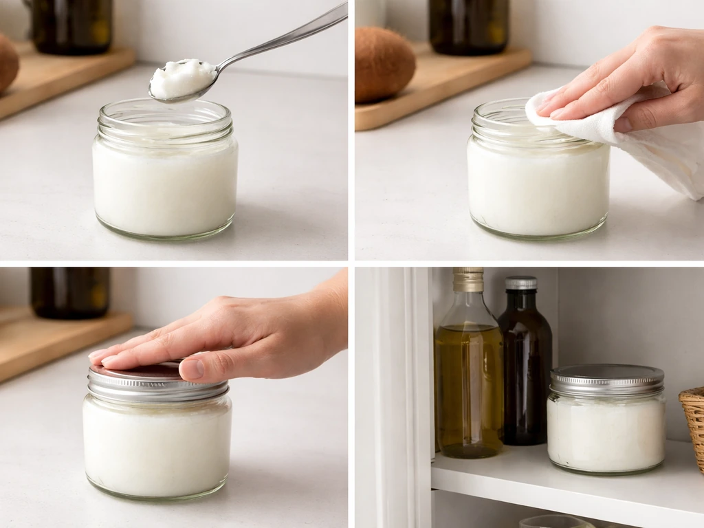 Clean scoop and cloth wiping coconut oil jar rim, sealed airtight, stored away from heat and sunlight.