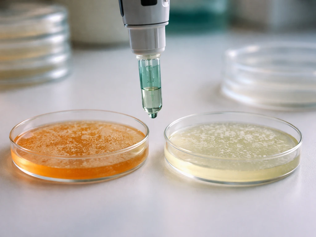 Close-up lab bench with agar plates showing different growth, pH meter probe nearby, acidity vs neutral cues.