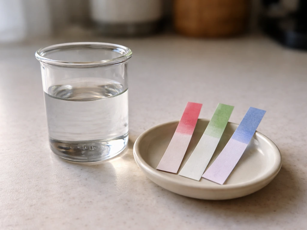 Close-up of colored pH test strips showing acidic, neutral, and alkaline solutions.