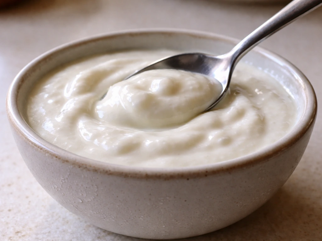 Spoon in a small bowl of plain yogurt, suggesting sour acid-loving bacteria like Lactobacillus.