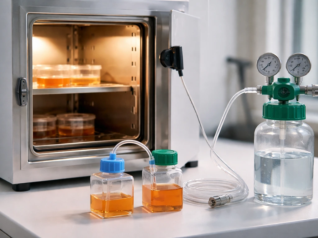 Lab incubator and culture containers with oxygen and temperature cues for the multi-factor hurdle concept.