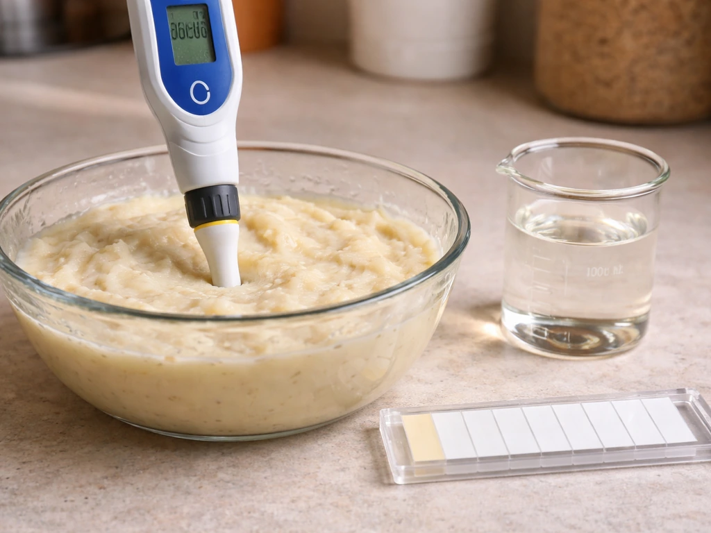 pH meter probe in low-acid food with vinegar nearby for acid contrast