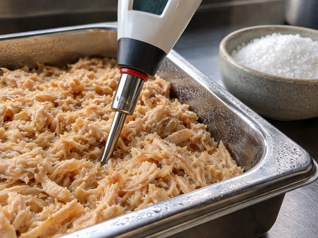 Water-activity meter probe contacting food surface with salt beside it