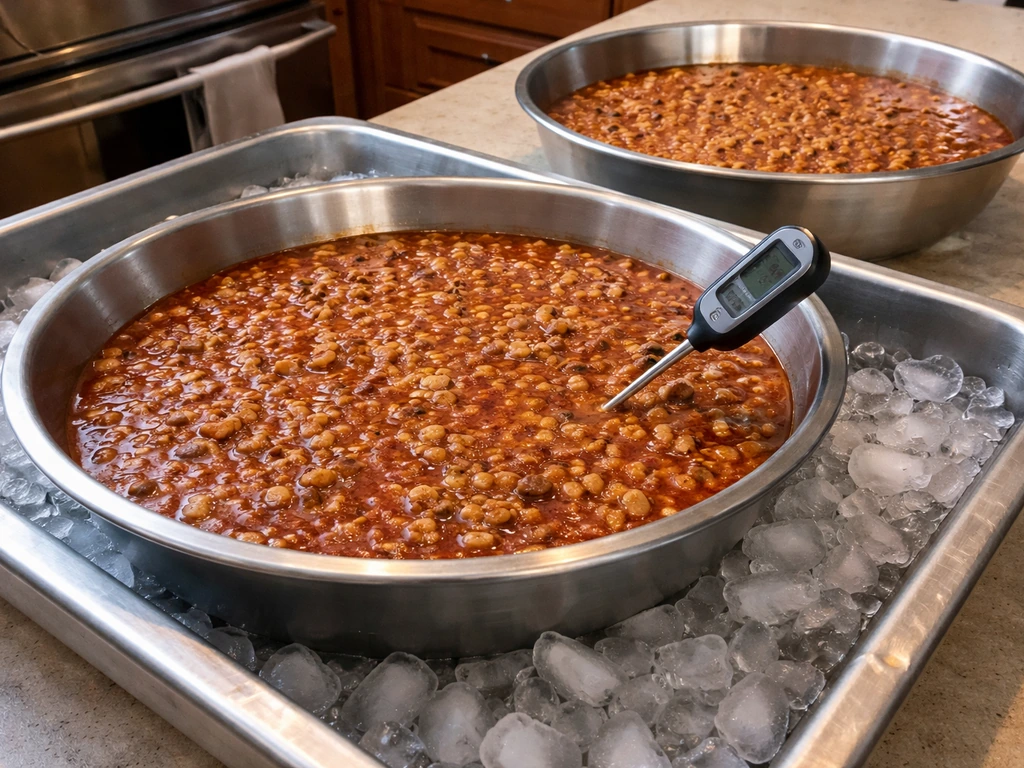 Low-acid food cooling in shallow pans over an ice bath with thermometer