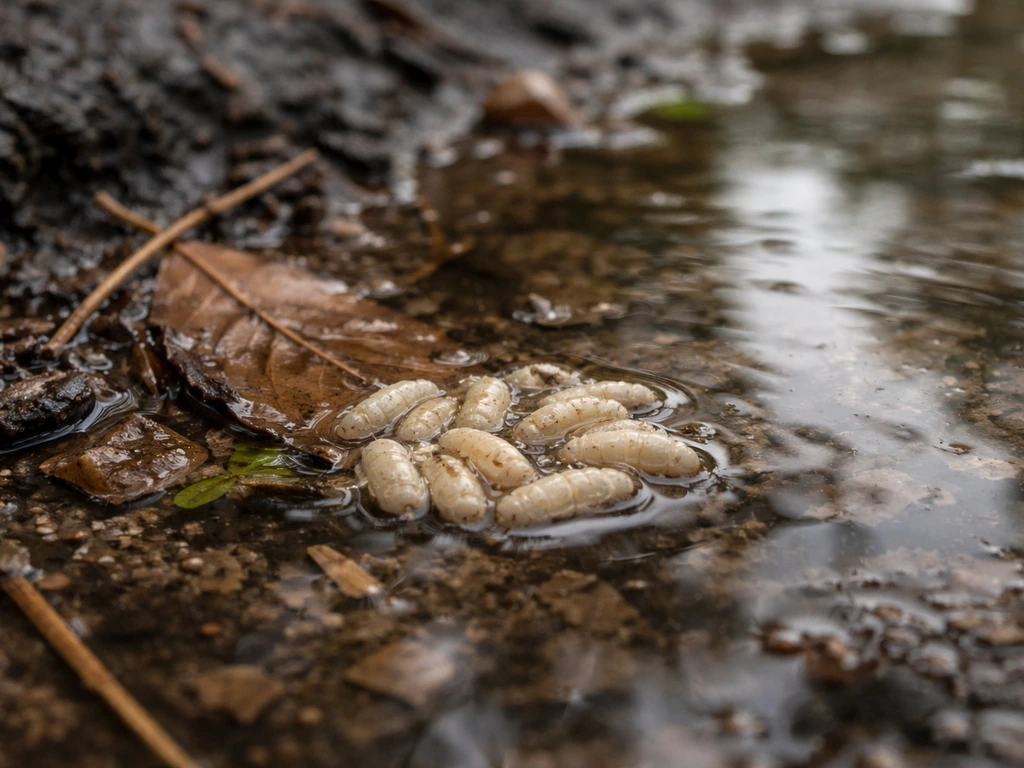 Close-up of wet standing water with small larvae-like maggots in a shallow puddle