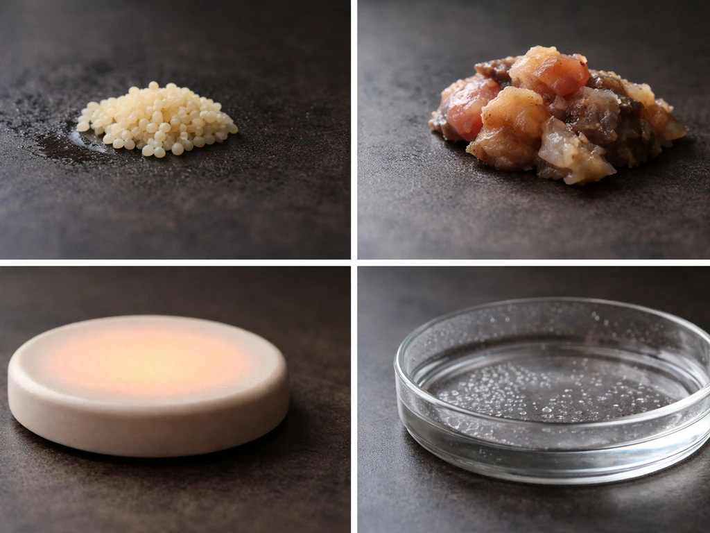 Four minimal items on a tabletop showing eggs, organic food, warmth, and moisture for maggot growth