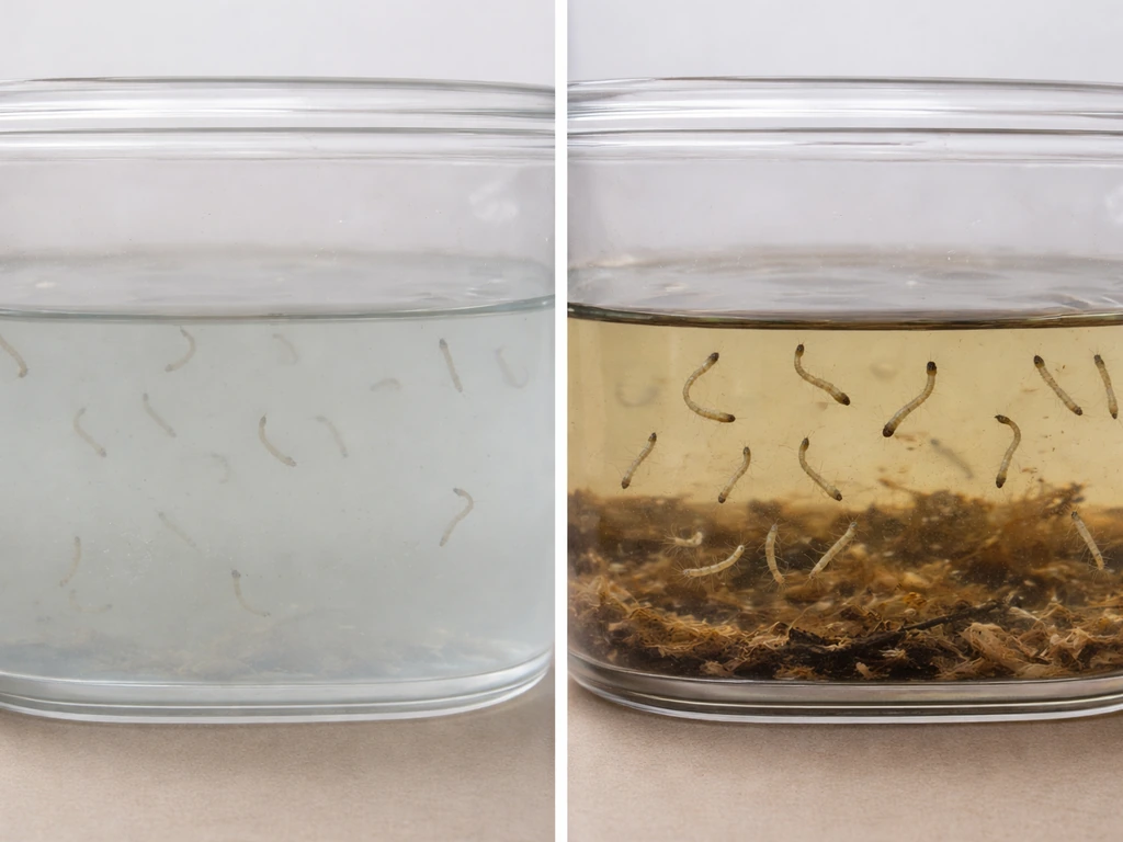 Two contrasting macro scenes: maggot-like larvae submerged fading versus larvae thriving on organic residue