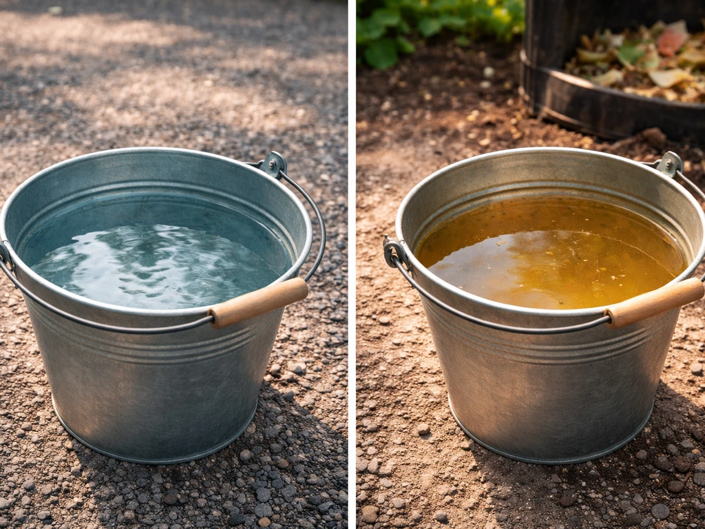 Two shallow buckets outdoors showing clear cool water versus warmer, nutrient-rich water near waste.