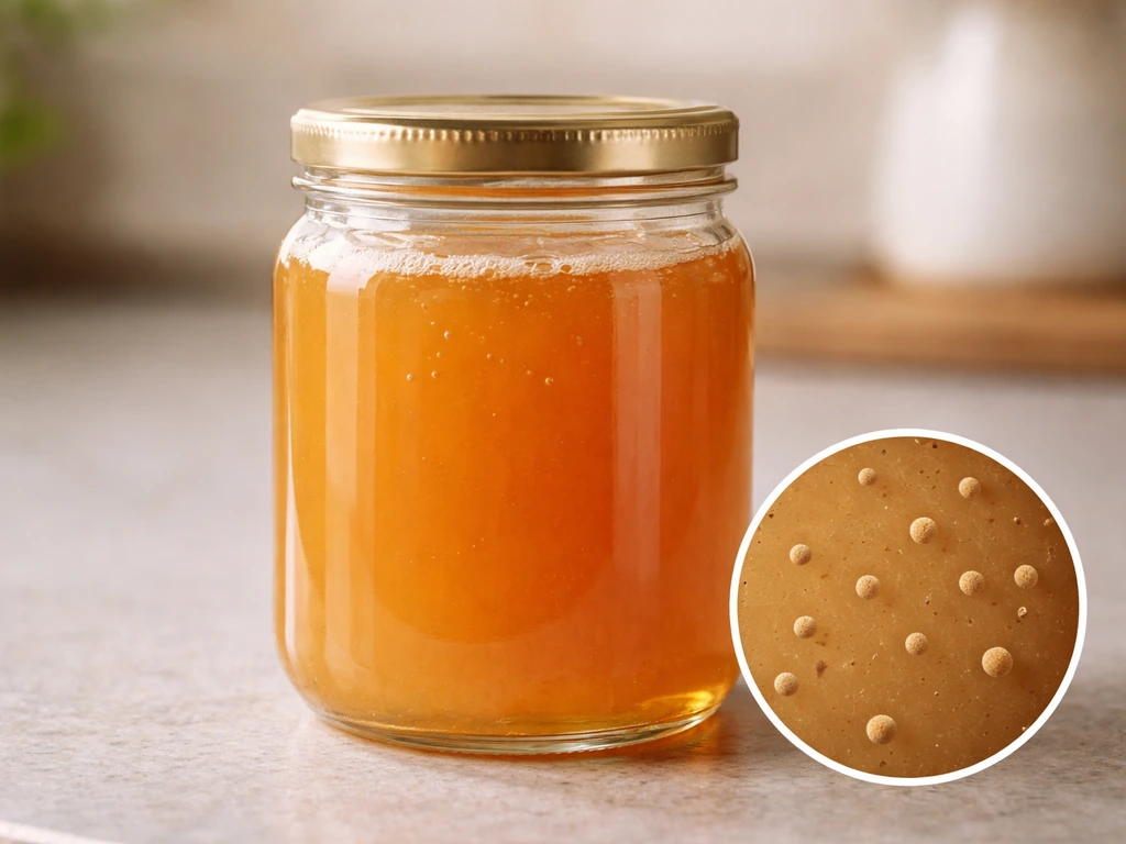 Close-up of honey jar with golden honey filling the frame, emphasizing safe, non-toxic conditions.
