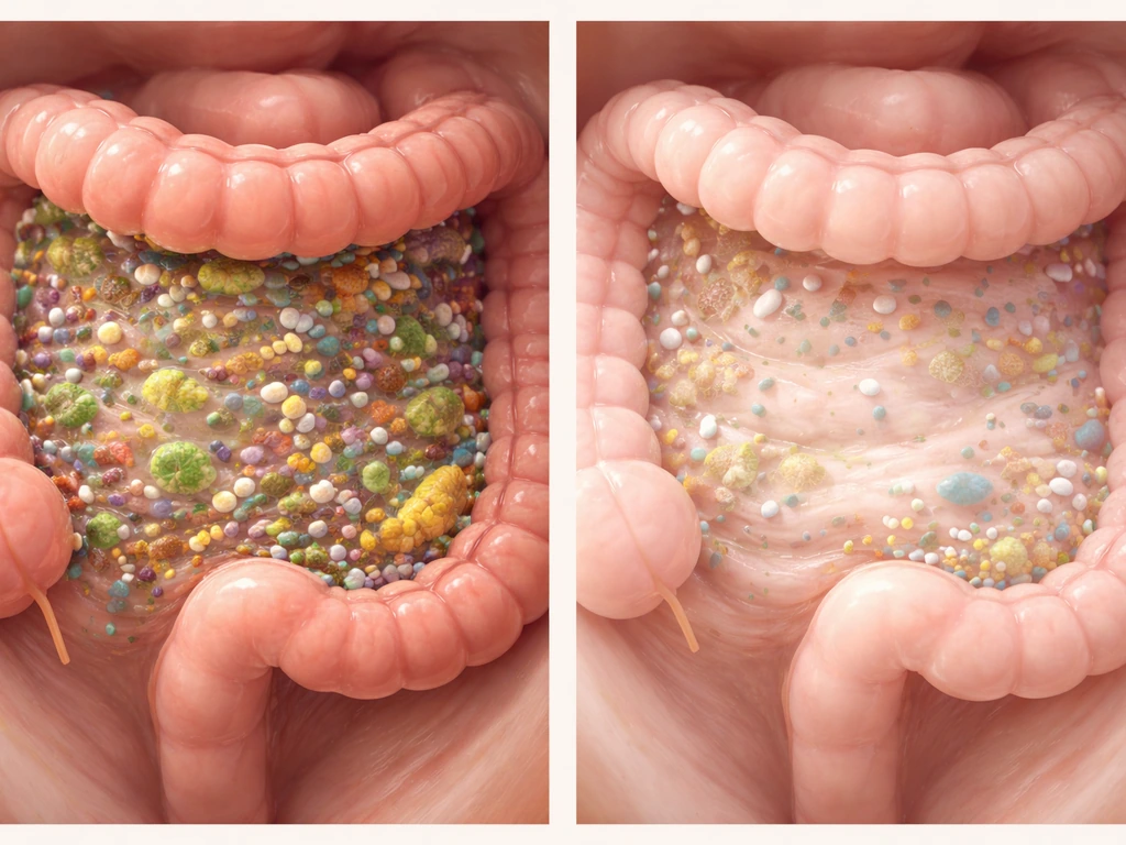 Split scene showing a mature adult gut microbiome versus an infant gut with less mature microbial clusters.