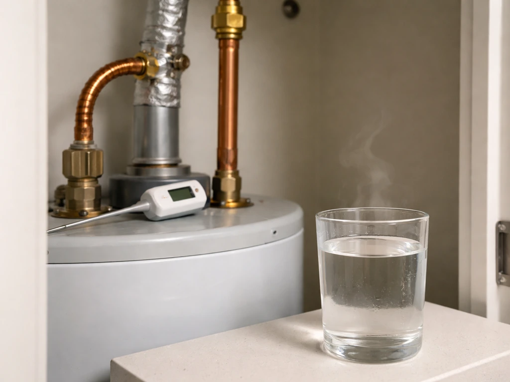 Minimal scene of a water heater pipe and thermometer beside clear water with faint steam, no people.