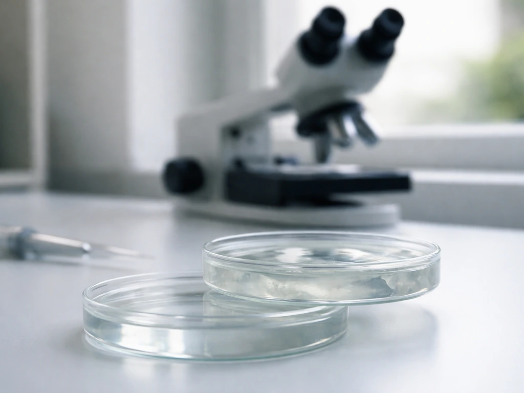 Close-up of clear lab culture plates beside a microscope, suggesting detection versus active multiplication