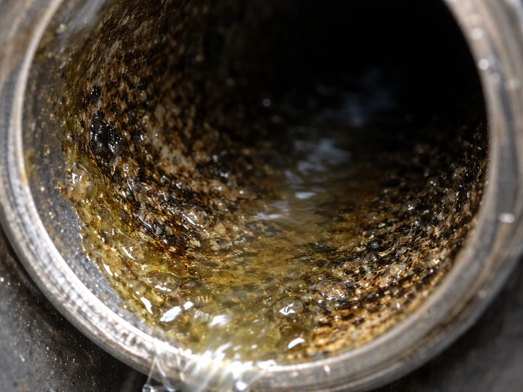 Close-up of a metal pipe interior with slimy biofilm and sediment at a water flow edge.