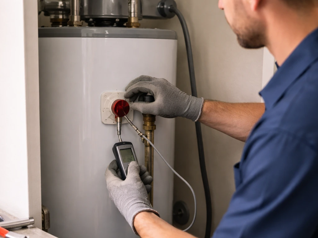 Technician adjusting a water heater thermostat and checking outlet temperature with a thermometer