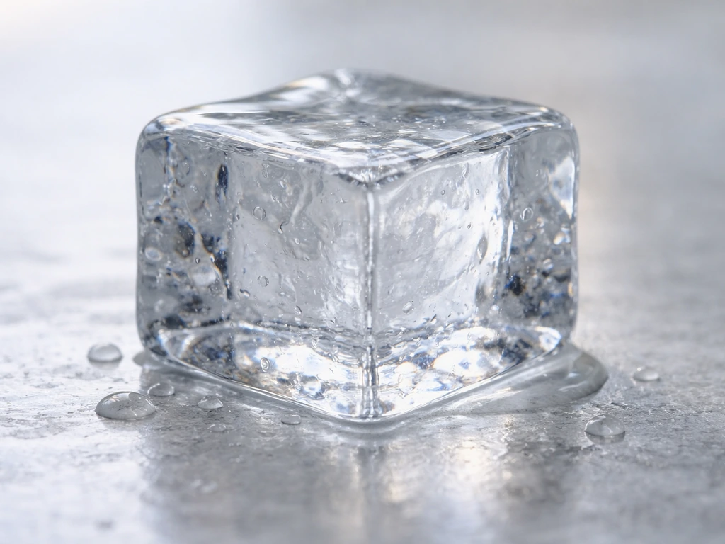 Close-up of an ice surface beginning to melt, with small meltwater droplets and pooled water.