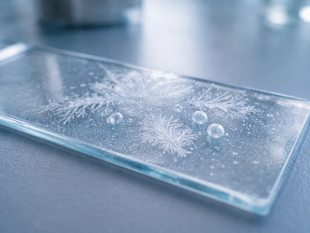 Microbe-like particles trapped in ice crystals on a glass slide, showing survival but halted growth.