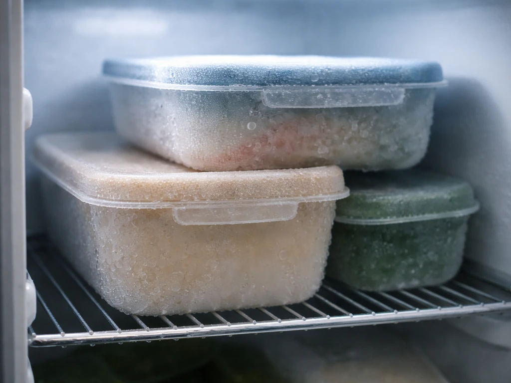 Close-up of frost and condensation on refrigerated food containers inside an open refrigerator.