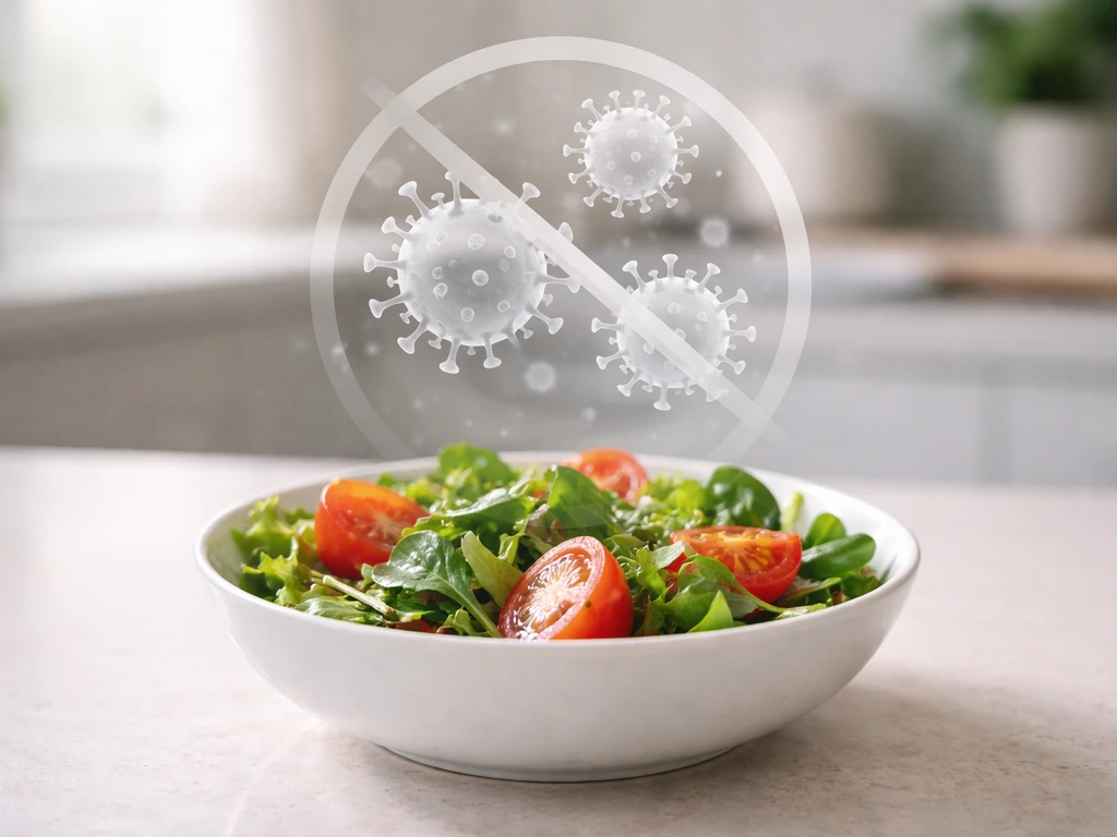 Close-up plate of ready-to-eat food with subtle transparent virus silhouettes crossed out to show they don’t grow