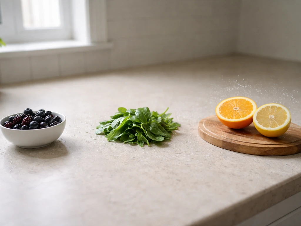 Close-up of fresh food on a kitchen counter, with subtle focus cues suggesting different virus persistence over time.