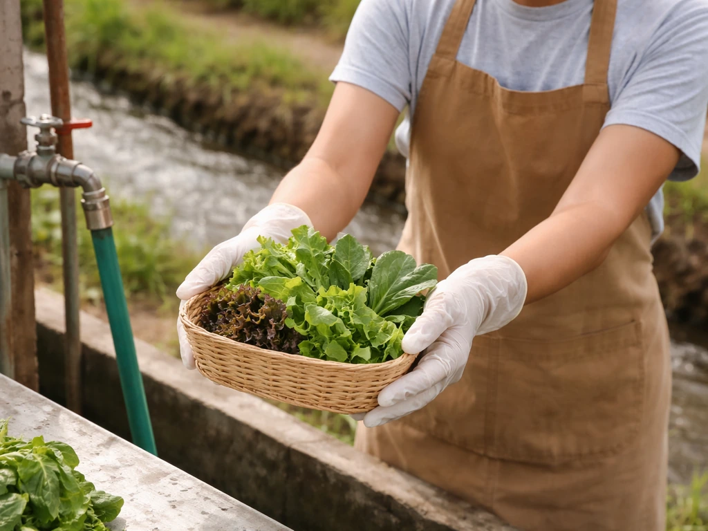 Food worker in gloves preparing produce near a water hose and irrigation canal, showing contamination entry points.