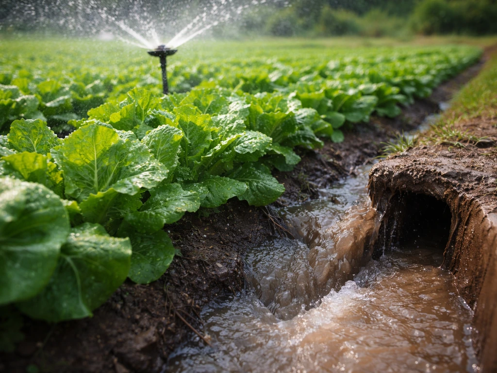 Leaky irrigation water sprays onto leafy greens, suggesting contaminated runoff near a farm.