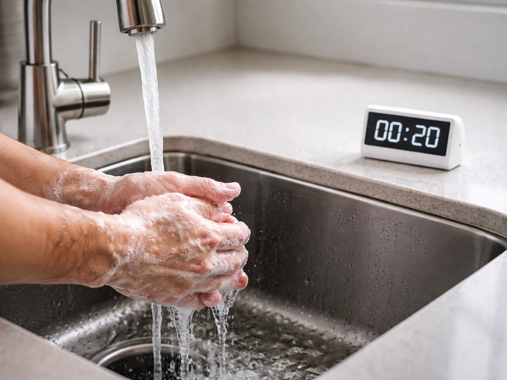 Close-up of hands scrubbing at a kitchen sink with soap and running water, emphasizing 20-second handwashing