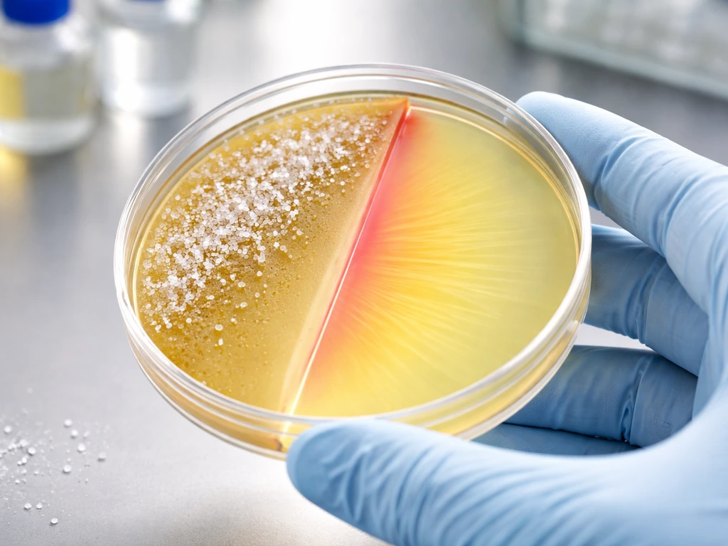 Close-up of a lab agar plate with high-salt and mannitol differentiation effects on two sides.