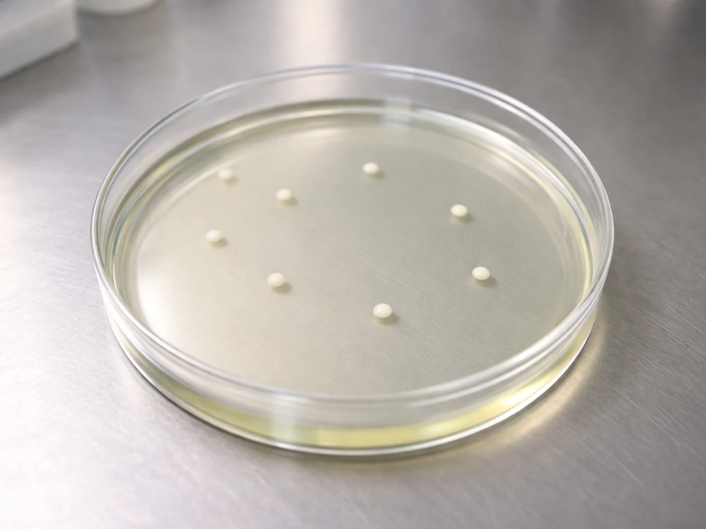 Close-up of an agar plate with small off-white colonies and clear agar around them, no yellow halo.
