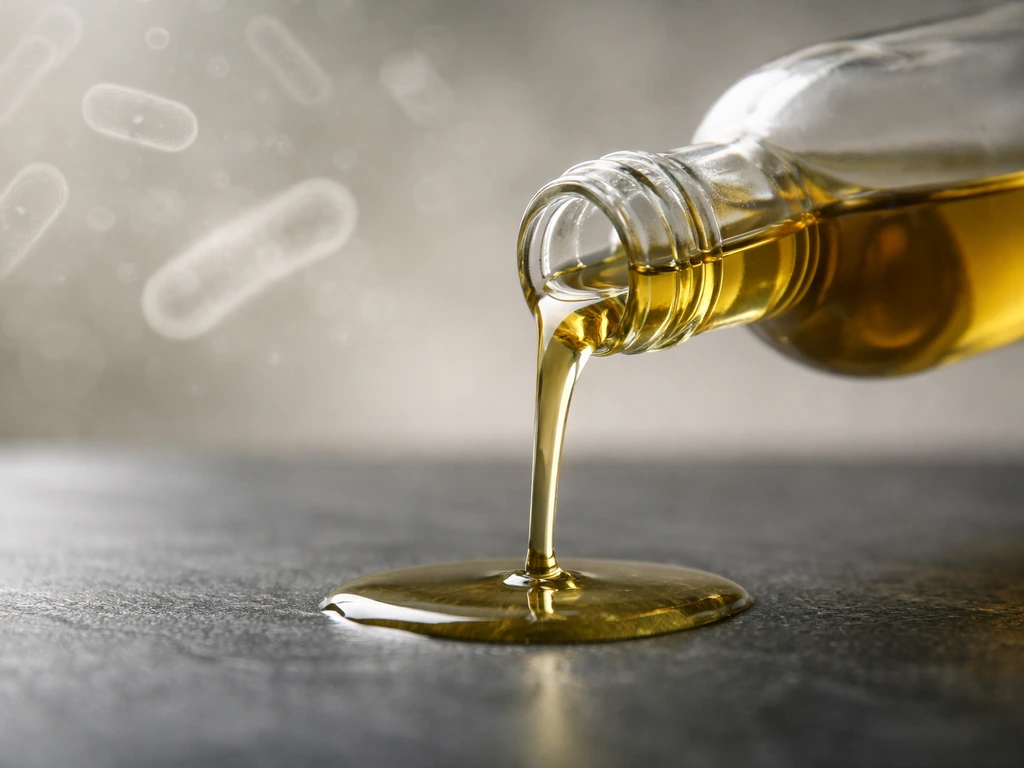 Olive oil bottle and pour in a minimal macro scene with a subtle microscopic pattern suggesting survival not growth.
