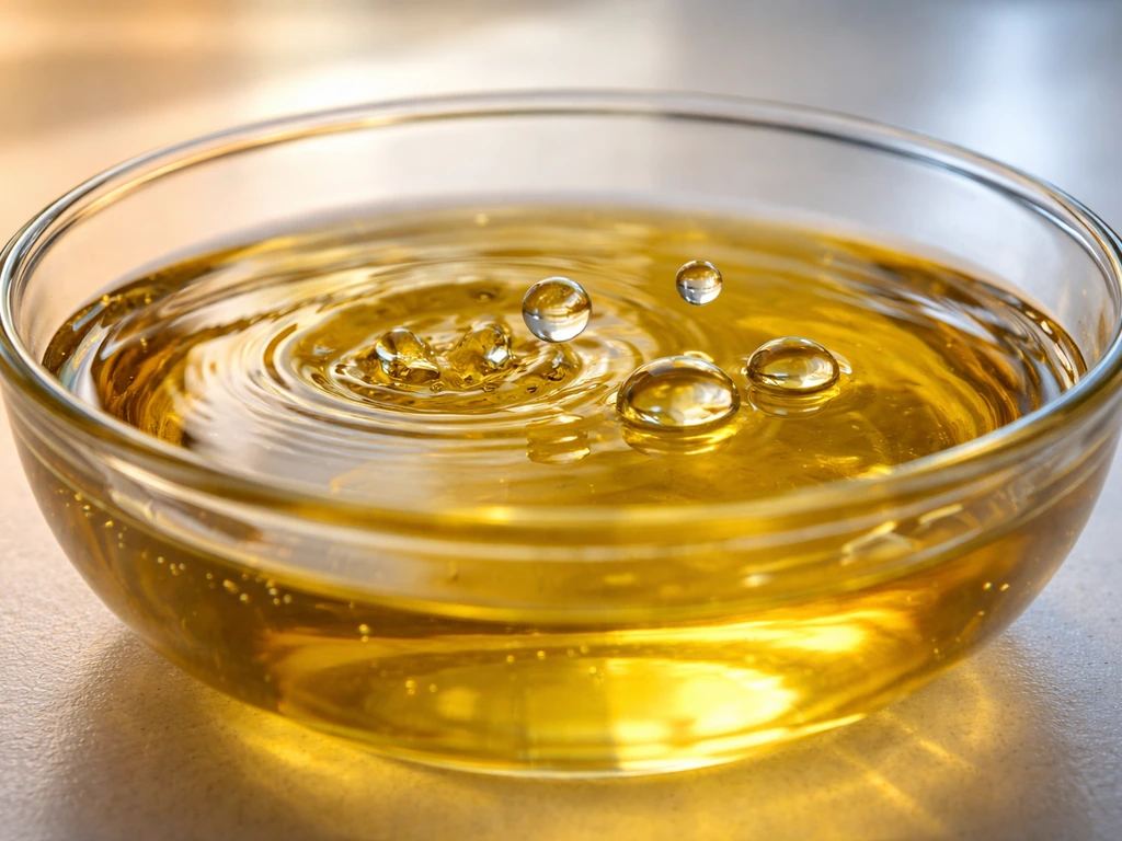 Water droplets on olive oil, with a subtle warm vs cool surface cue