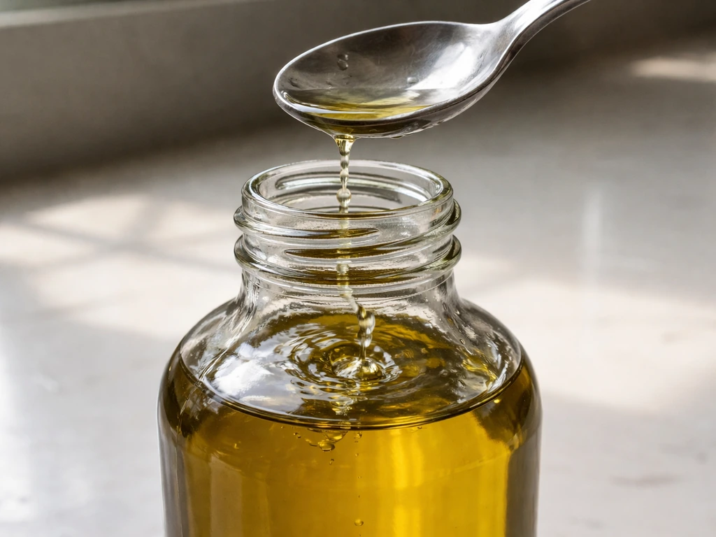Wet metal spoon lightly touches olive oil in a glass bottle as water droplets splash onto it.