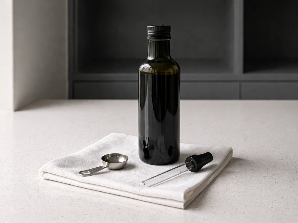 Dark cabinet still life with a closed olive oil bottle, dry measuring spoon, and no-water emphasis