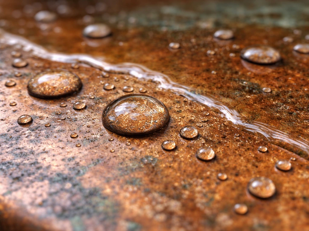Close-up of copper surface with thin water film and tiny speckle-like dots showing moisture effects.