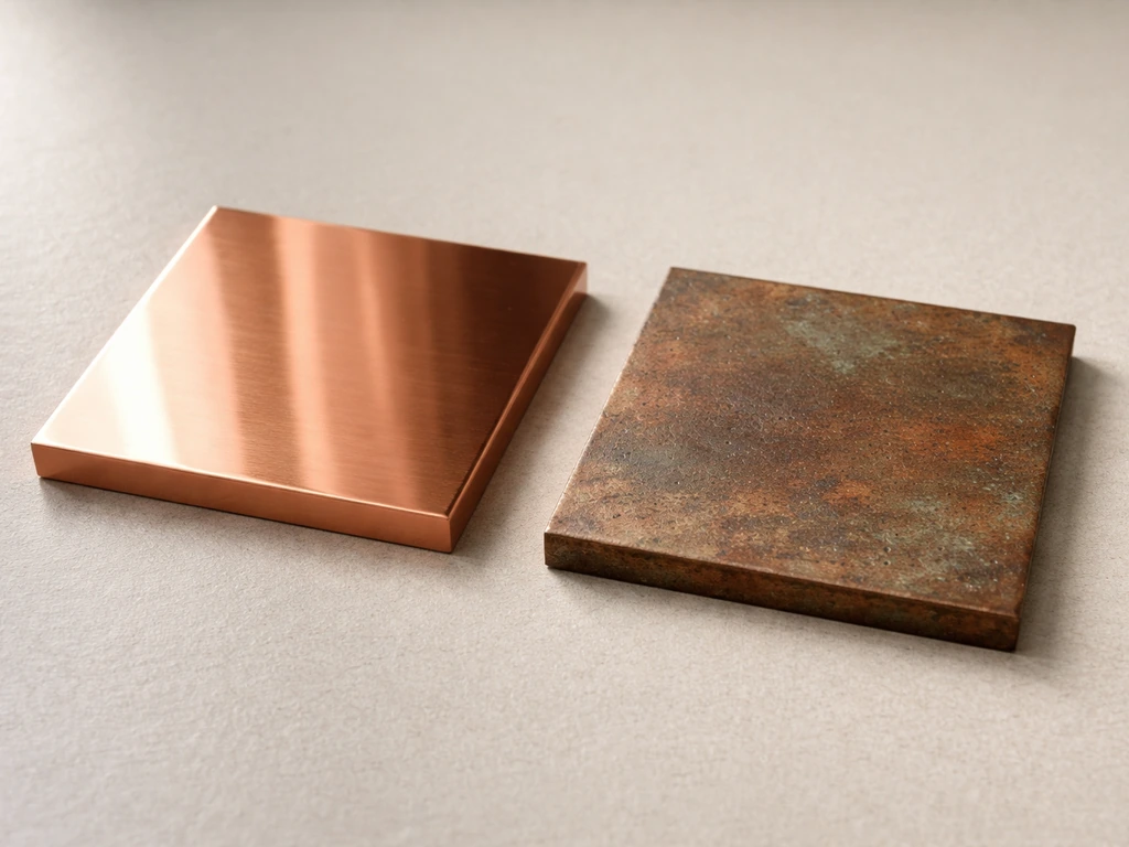 Close-up comparison of polished pure copper and an aged patina copper alloy piece on a tabletop.
