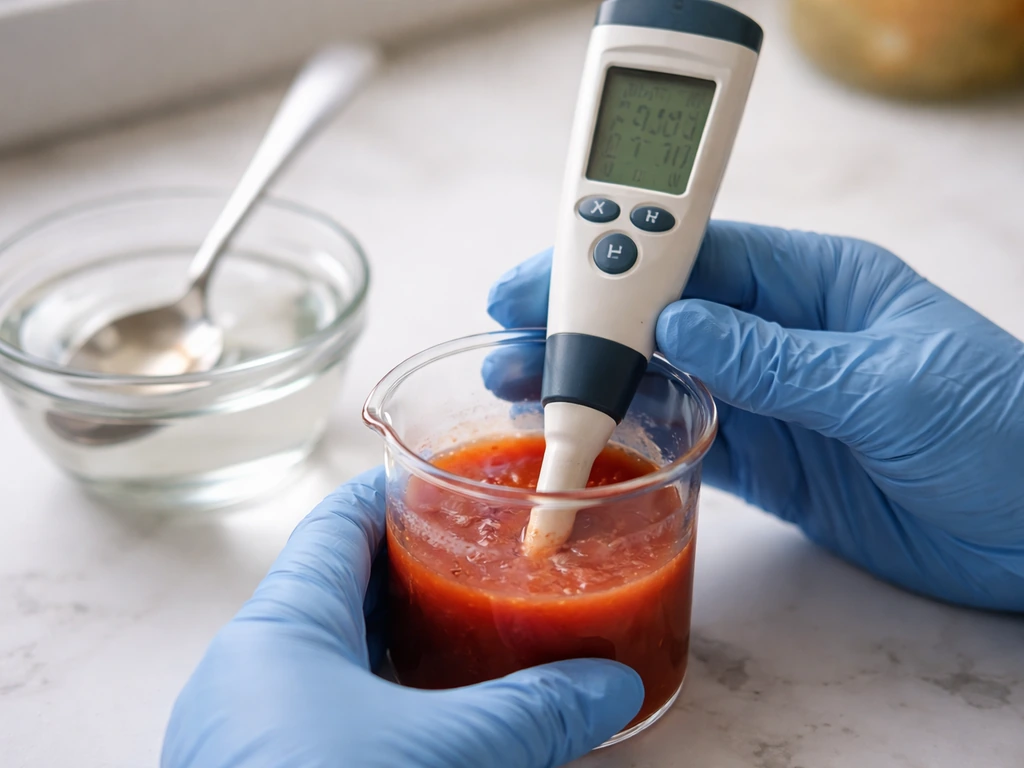 Measuring pH in an acidified food using a calibrated digital pH meter probe.