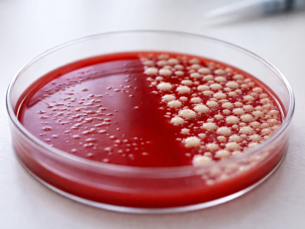 Close-up of two contrasting bacterial colony growth patterns on blood agar, showing different growth intensity