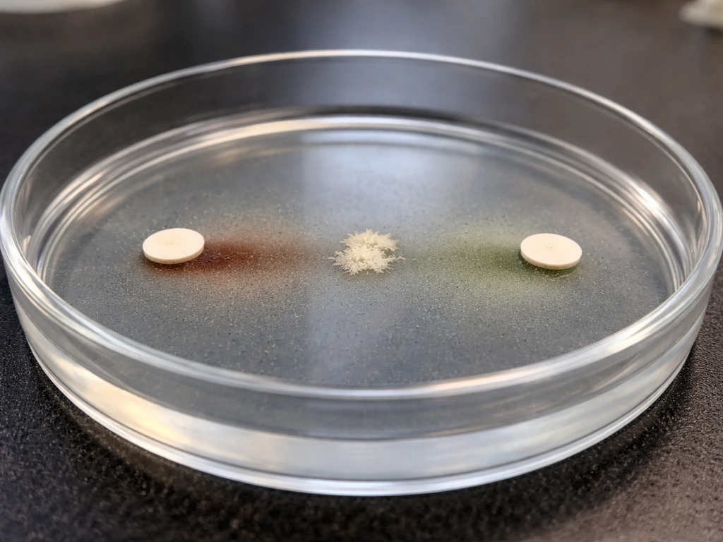 Close-up of two lab culture discs with faint diffusion trails toward small bacterial growth on agar.