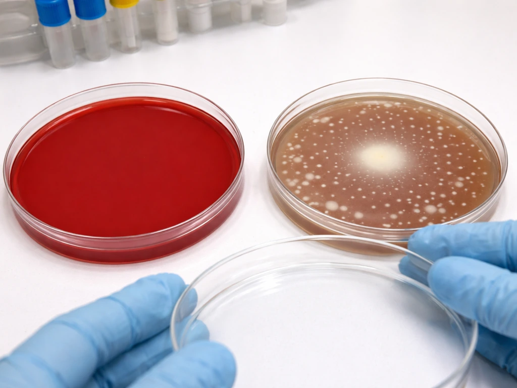 Blood agar plates: one shows no colonies, the other shows satellite colonies around a main colony.