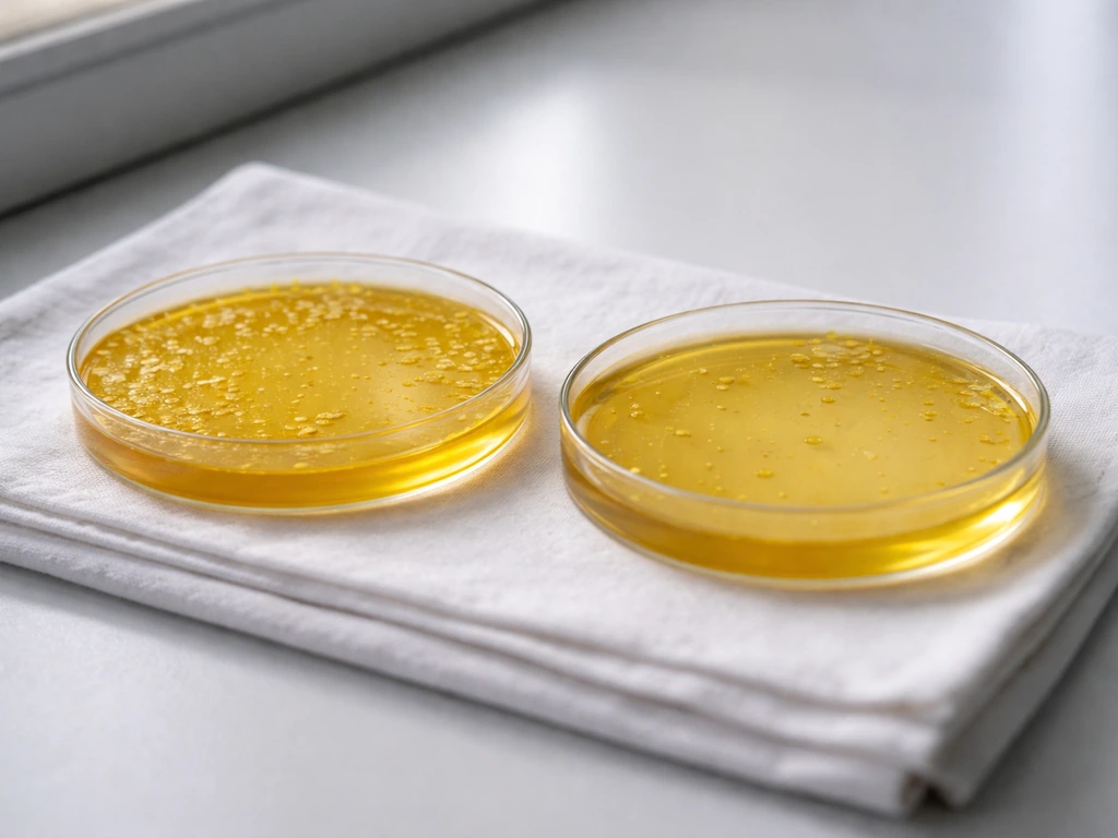 Two unlabeled agar plates with different colony growth levels on a lab bench.