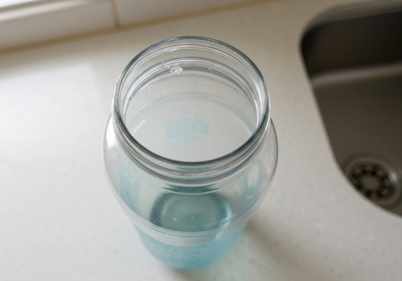 Reusable water bottle interior with a faint cloudy residue suggesting biofilm risk