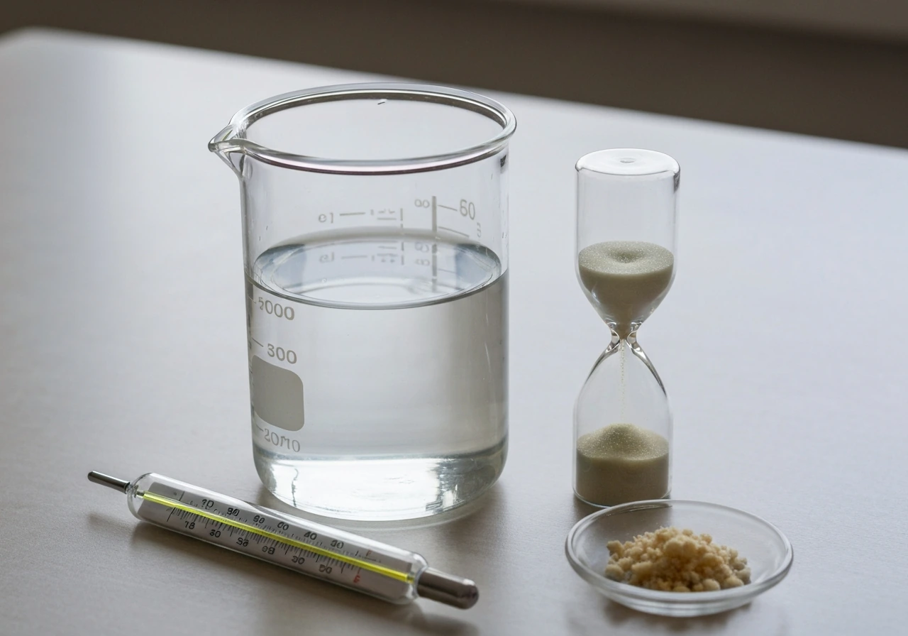 Minimal still life showing water with thermometer, hourglass, and small nutrient residue concept