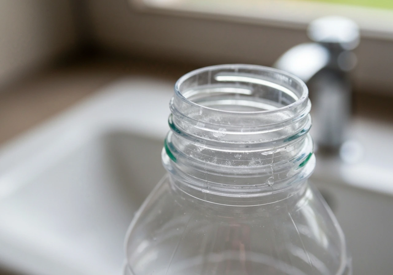 Close-up of a water bottle cap and threaded rim with cloudy biofilm residue on clear plastic