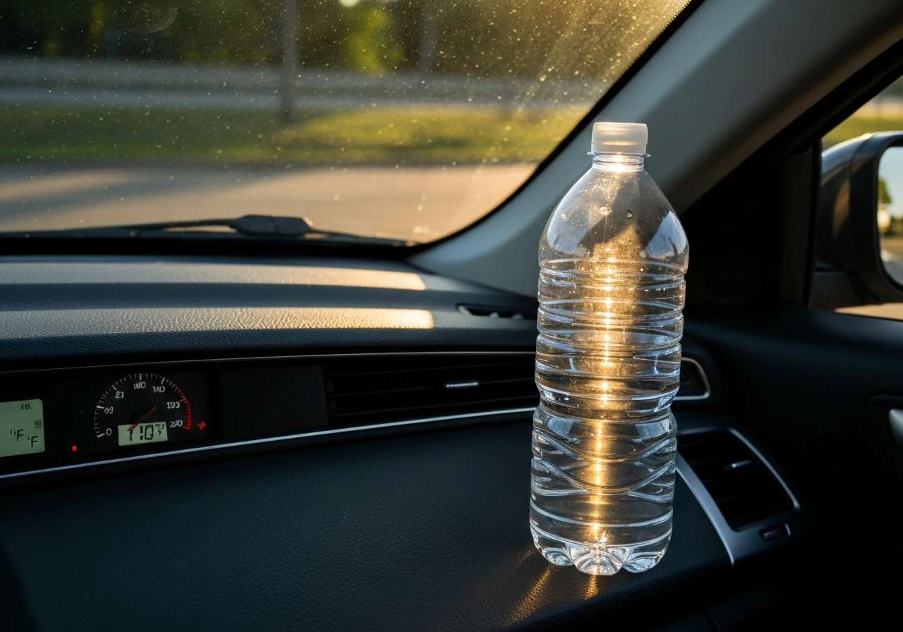 A clear water bottle on a car dashboard with a thermometer-like indicator showing high heat.