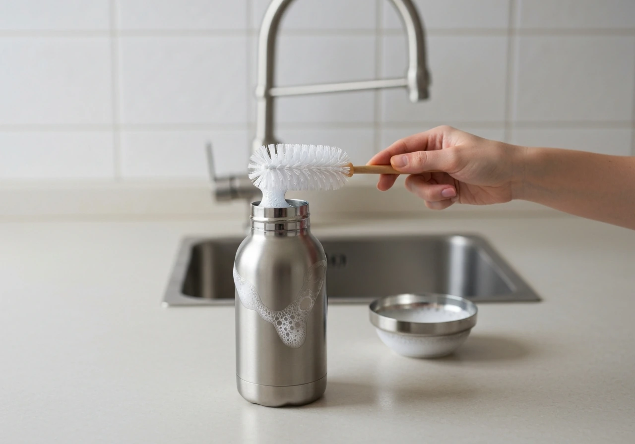 Close-up of a reusable bottle being scrubbed with a bottle brush and soapy water on a kitchen counter.