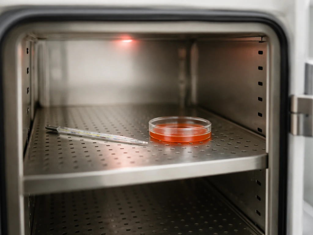 Incubator with culture vessel and thermometer probe, showing a glowing 37°C target indicator.