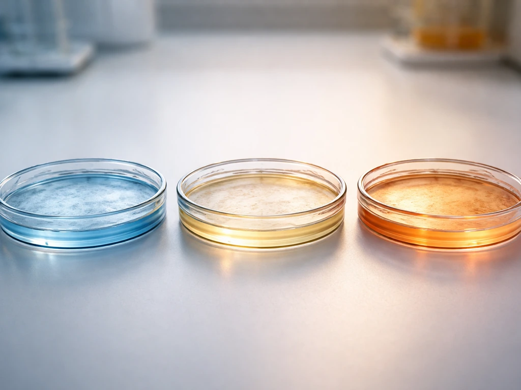 Three simple petri dishes on a lab bench showing cold, growth, and survival conditions with colored lighting.