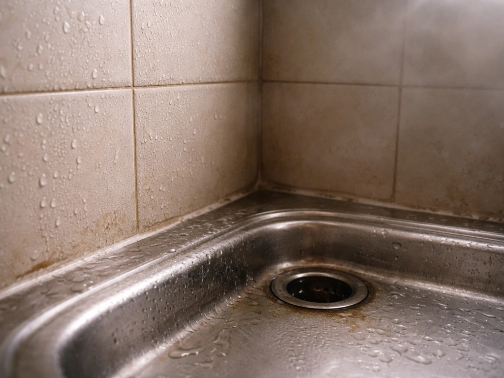 Warm, humid bathroom/kitchen corner with condensation on tiles and slight dampness near a sink drain.